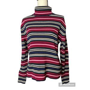 Talbots Women's Turtleneck Sweater Size L in Red Blue and Green Stripe